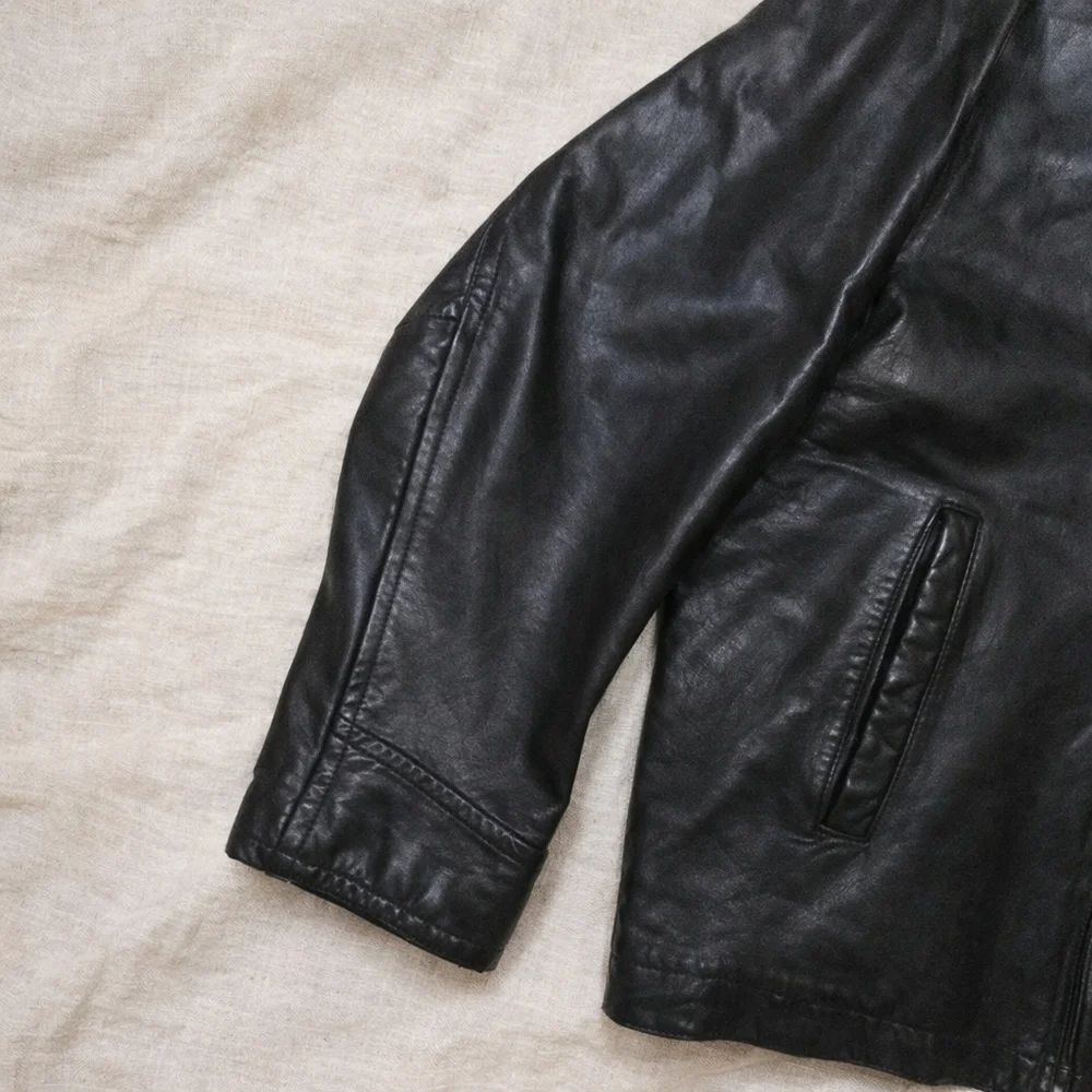 Vintage Y2K NAUTICA Genuine Leather Jacket Mens 44 Black Soft Leather Zip Front